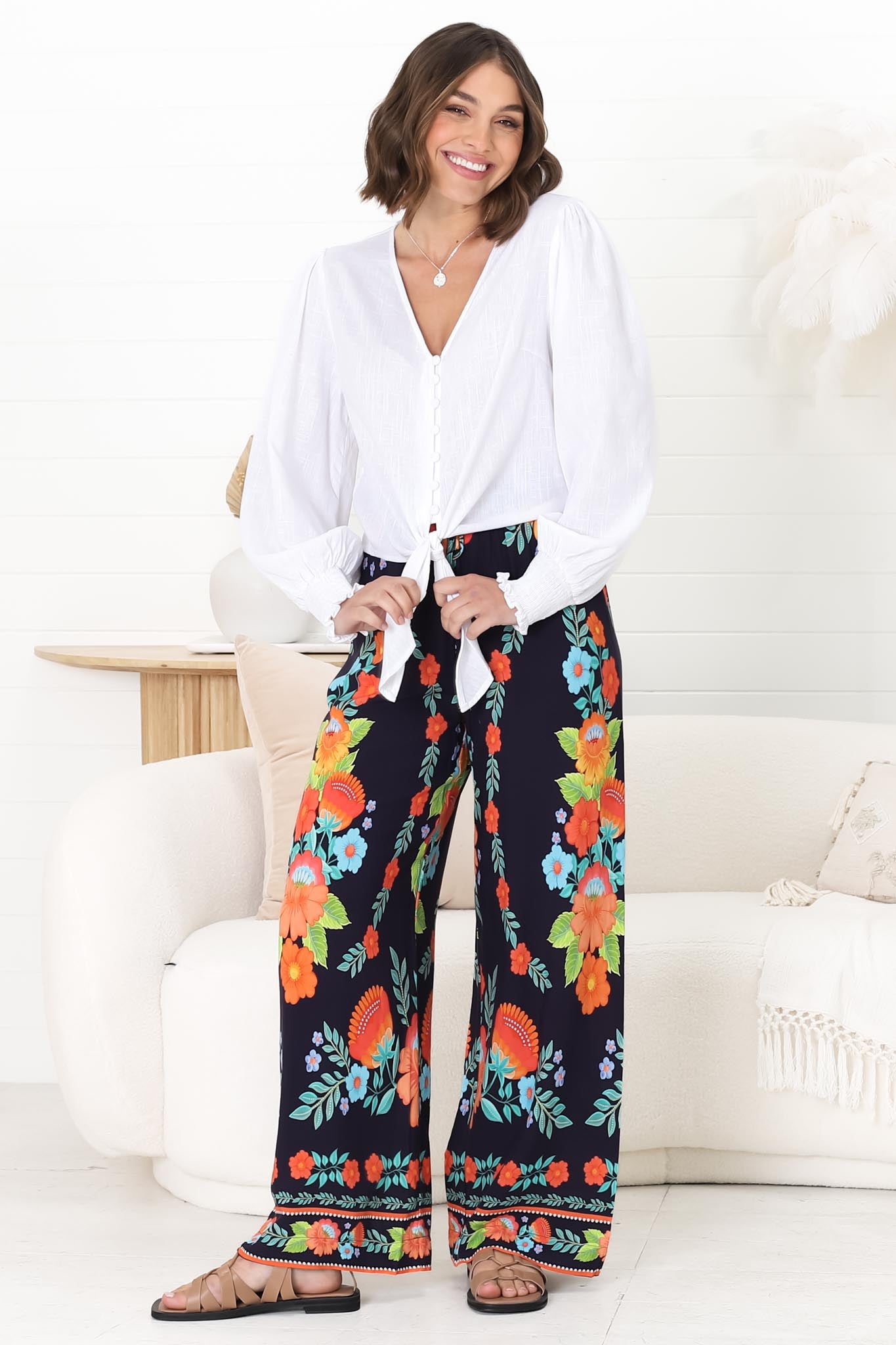 Anette Pants - Easy Wear High Waisted Straight Leg Pant in Octavia Print Navy