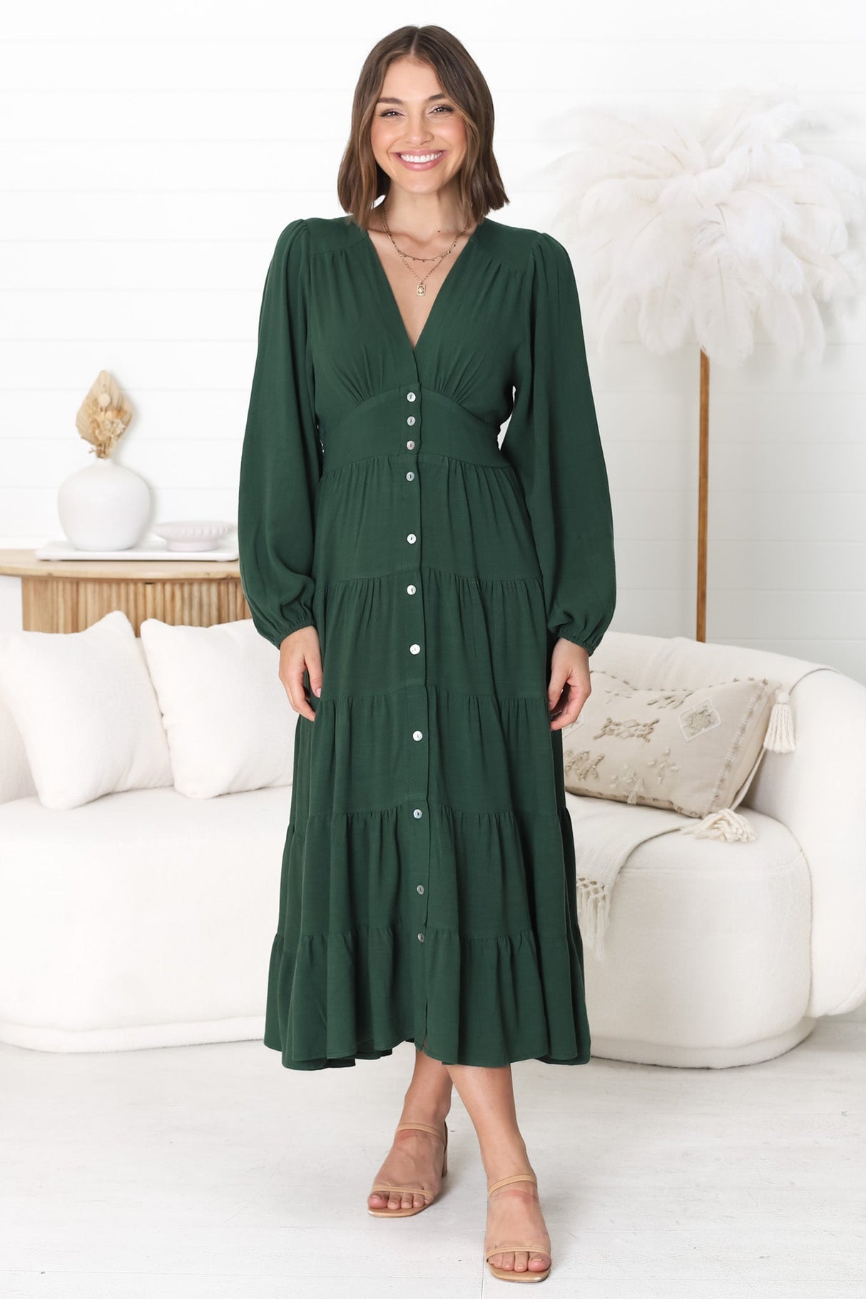 Bello Midi Dress - Button Through Dress With Balloon Sleeves In Emerald