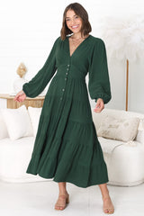 Bello Midi Dress - Button Through Dress With Balloon Sleeves In Emerald