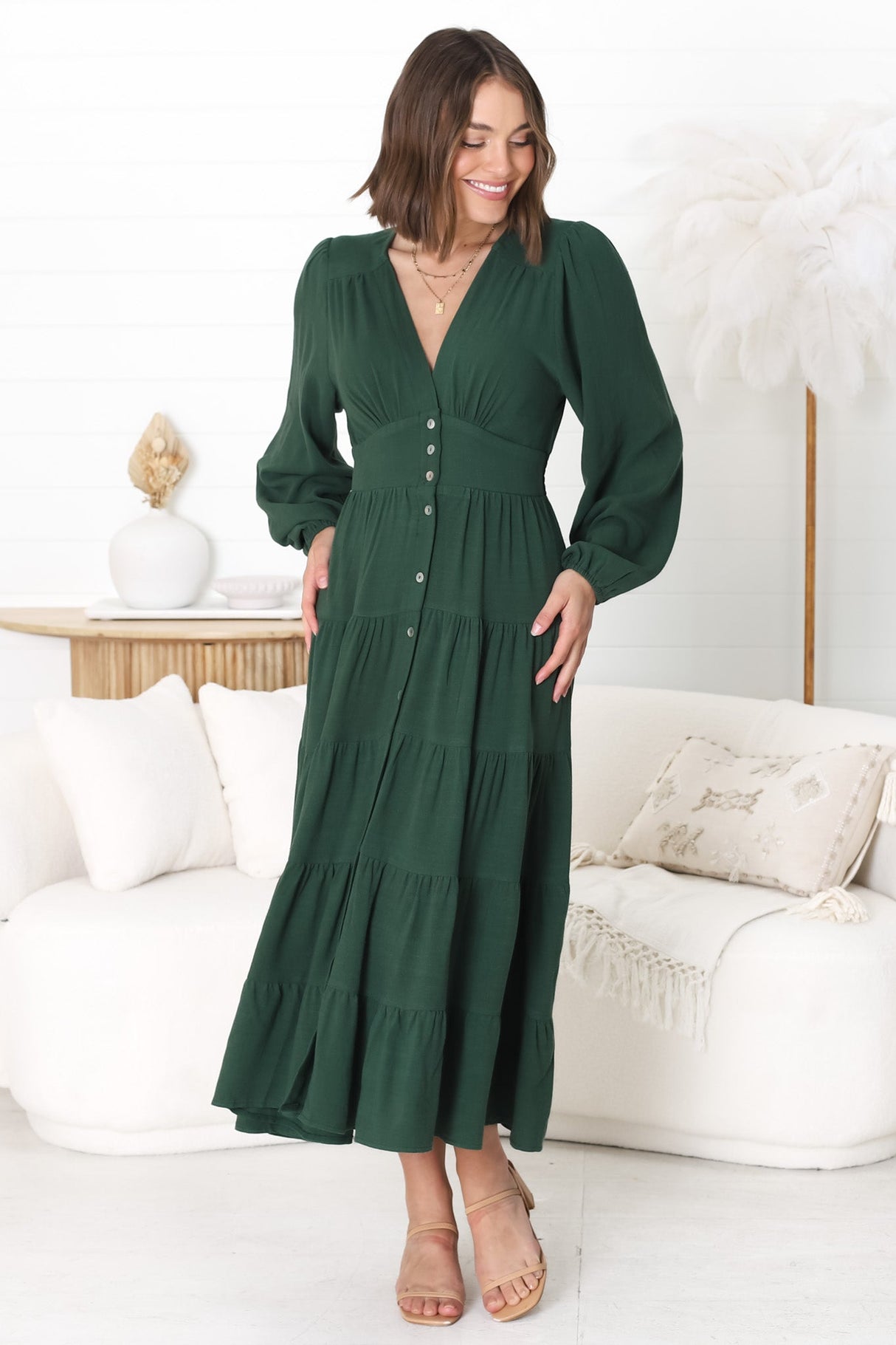 Bello Midi Dress - Button Through Dress With Balloon Sleeves In Emerald