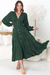 Bello Midi Dress - Button Through Dress With Balloon Sleeves In Emerald