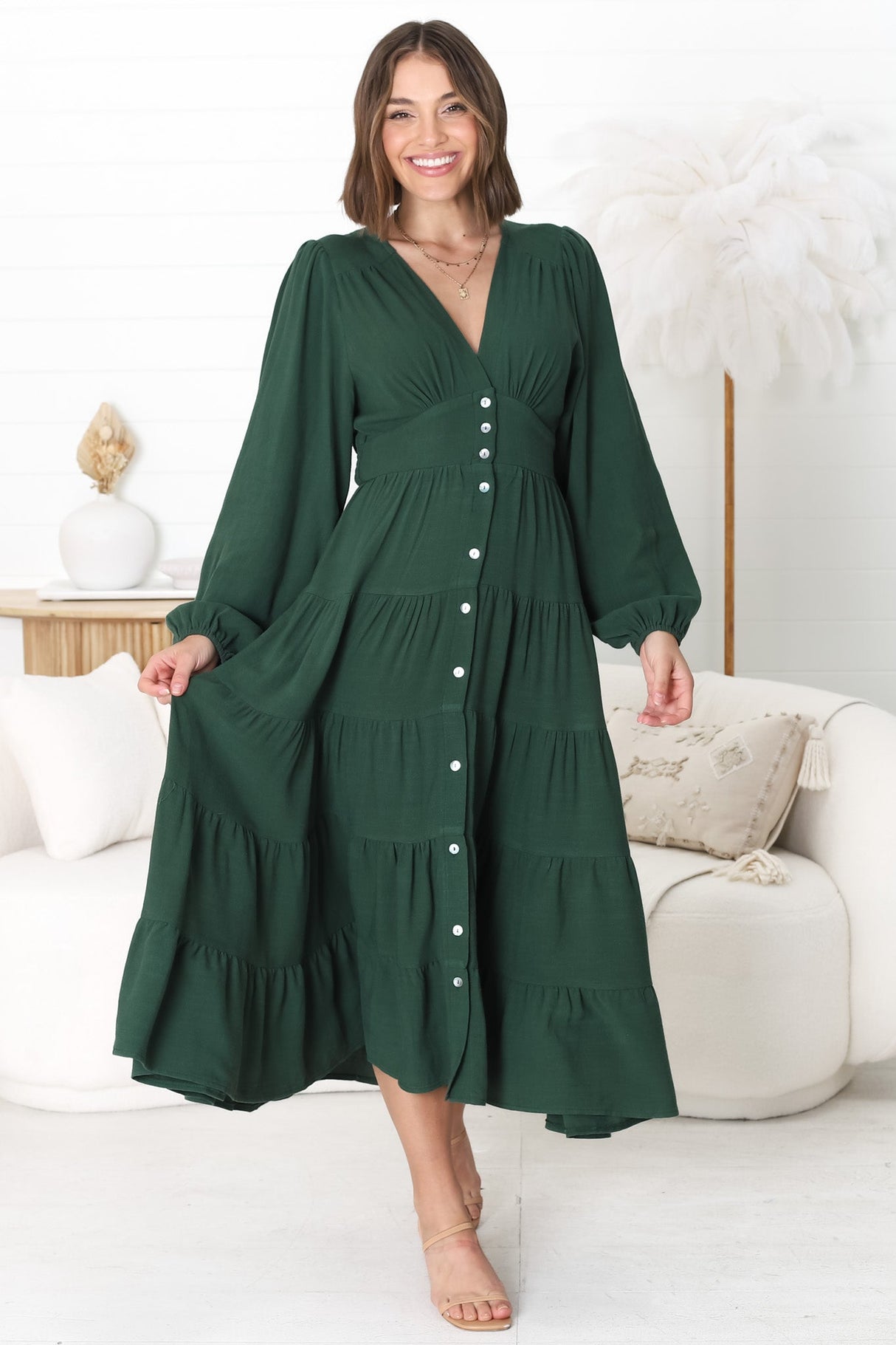 Bello Midi Dress - Button Through Dress With Balloon Sleeves In Emerald