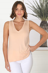 Sienna Tank Top - Soft V Neck Slight High-Low Top in Beige