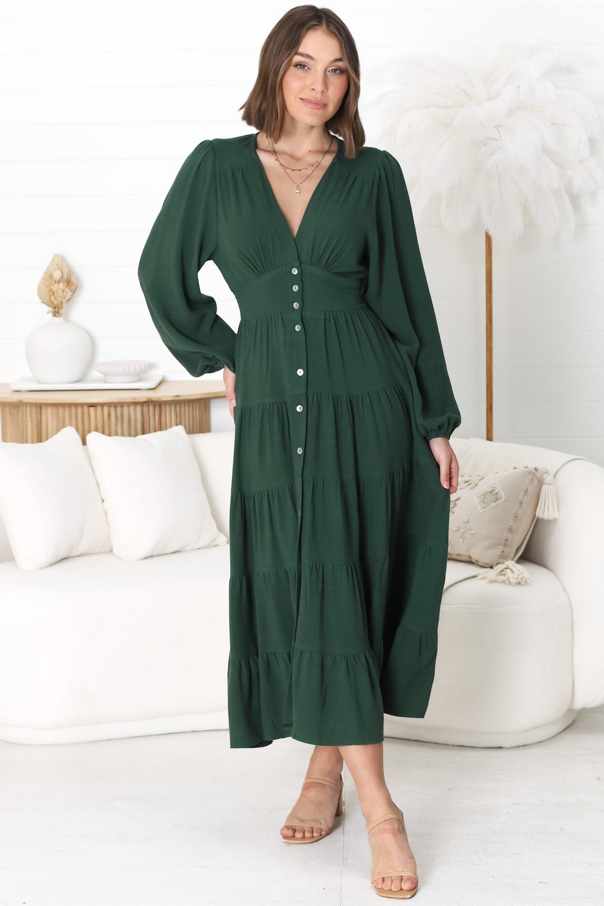 Bello Midi Dress - Button Through Dress With Balloon Sleeves In Emerald