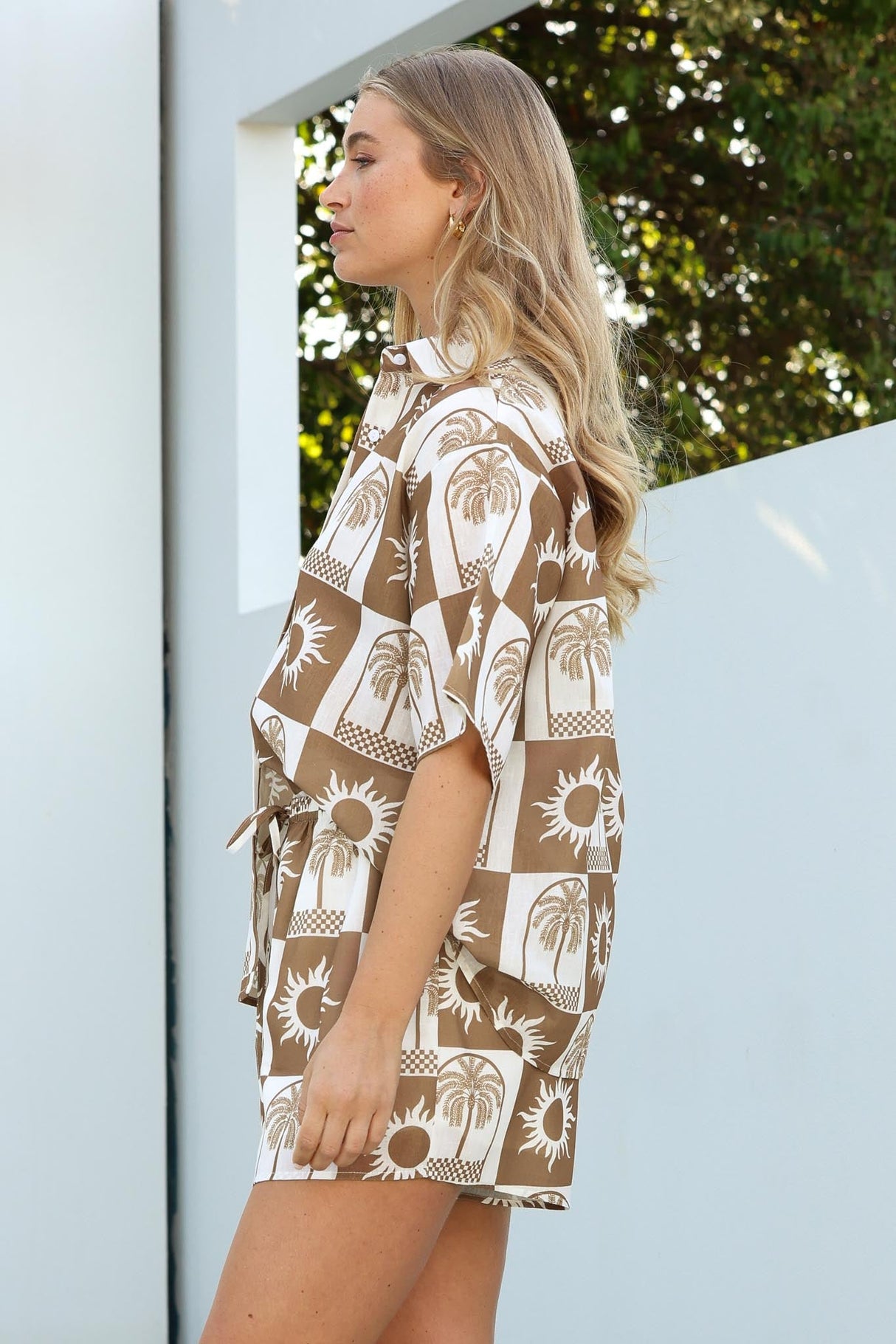 Mirian Button Up Shirt And Shorts Set - Layah Print in Beige