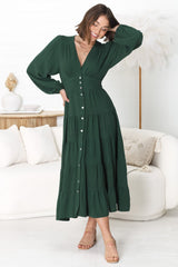 Bello Midi Dress - Button Through Dress With Balloon Sleeves In Emerald