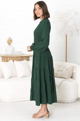 Bello Midi Dress - Button Through Dress With Balloon Sleeves In Emerald