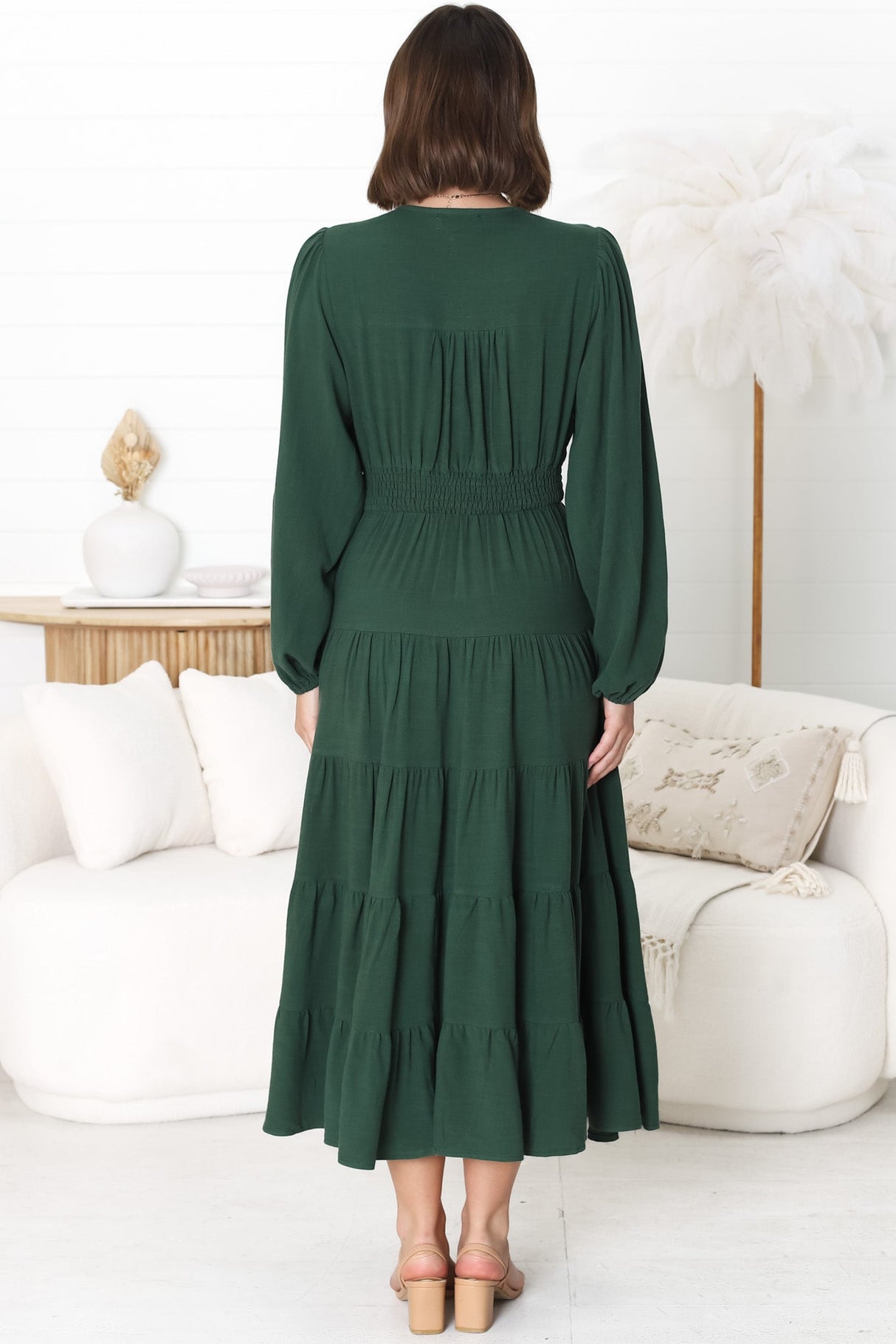 Bello Midi Dress - Button Through Dress With Balloon Sleeves In Emerald