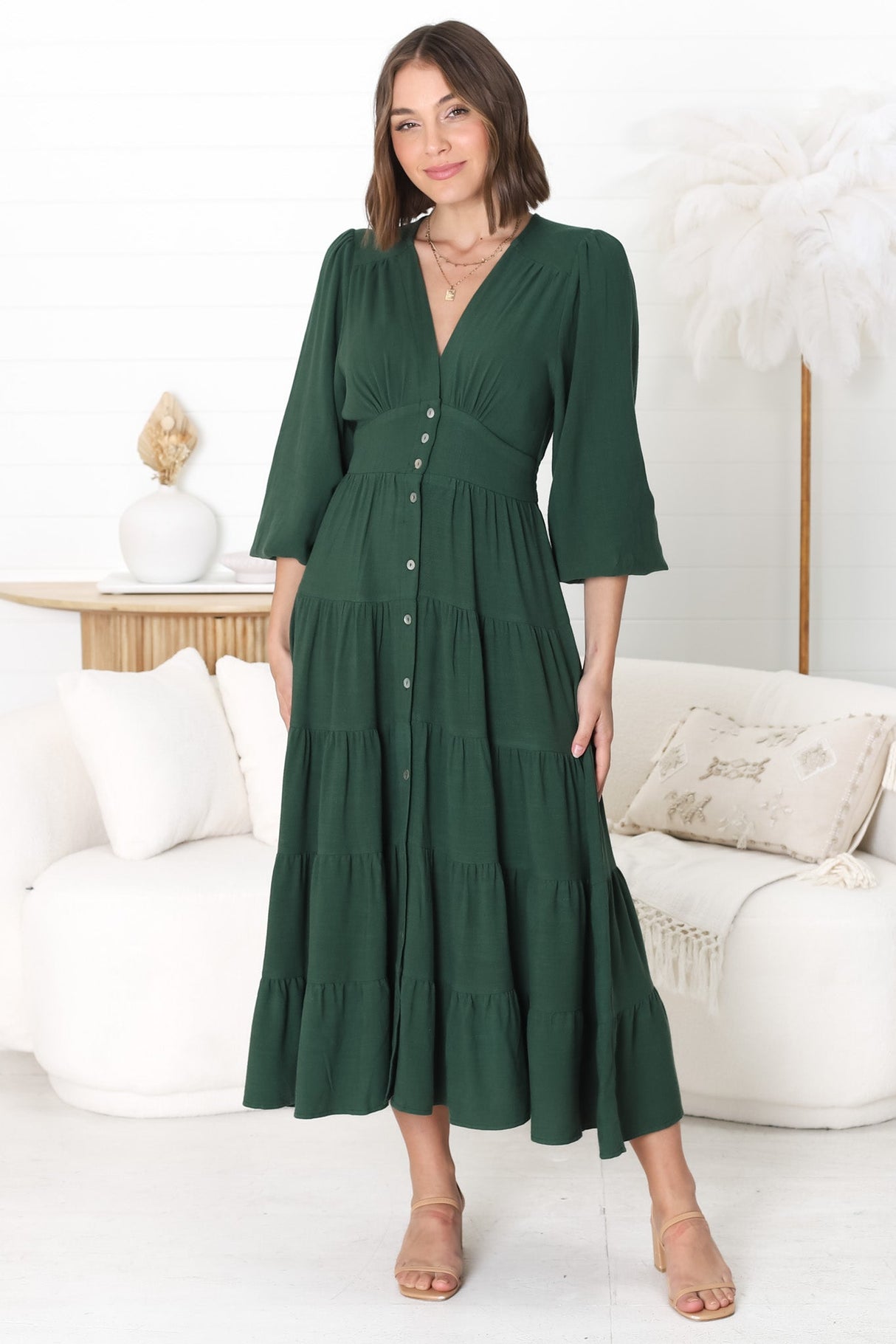 Bello Midi Dress - Button Through Dress With Balloon Sleeves In Emerald