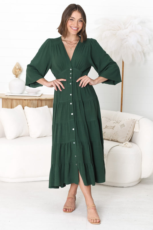 Bello Midi Dress - Button Through Dress With Balloon Sleeves In Emerald