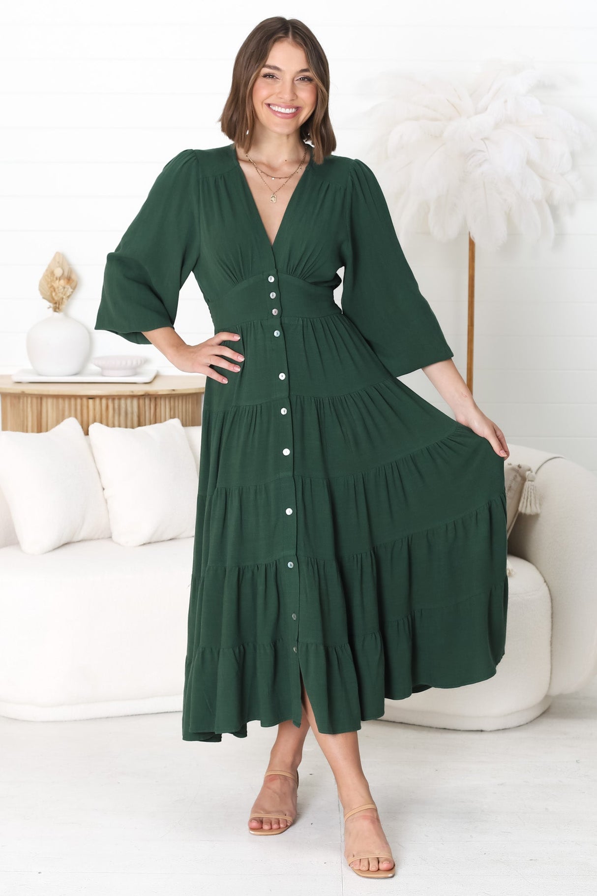 Bello Midi Dress - Button Through Dress With Balloon Sleeves In Emerald