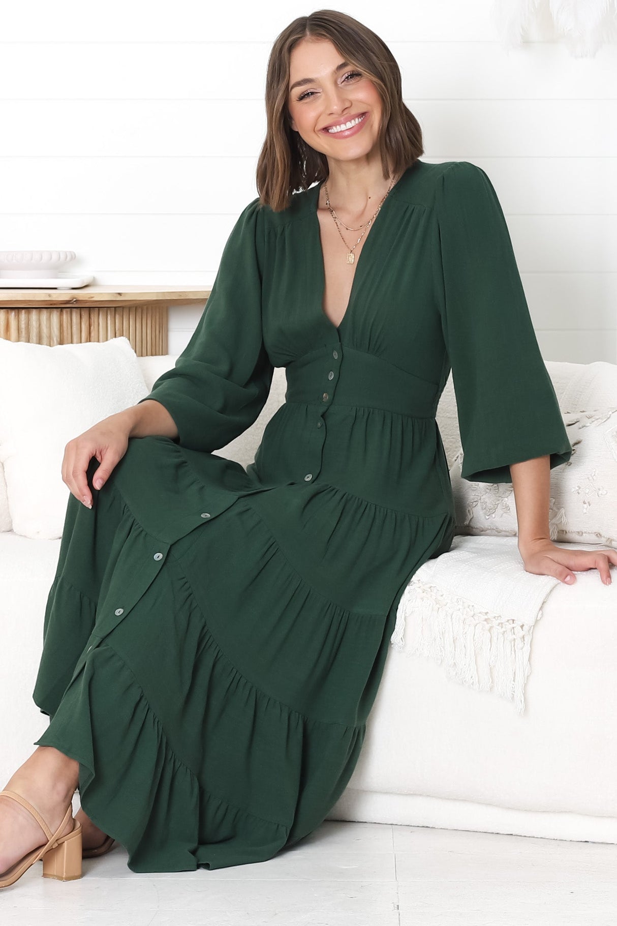 Bello Midi Dress - Button Through Dress With Balloon Sleeves In Emerald