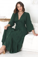 Bello Midi Dress - Button Through Dress With Balloon Sleeves In Emerald