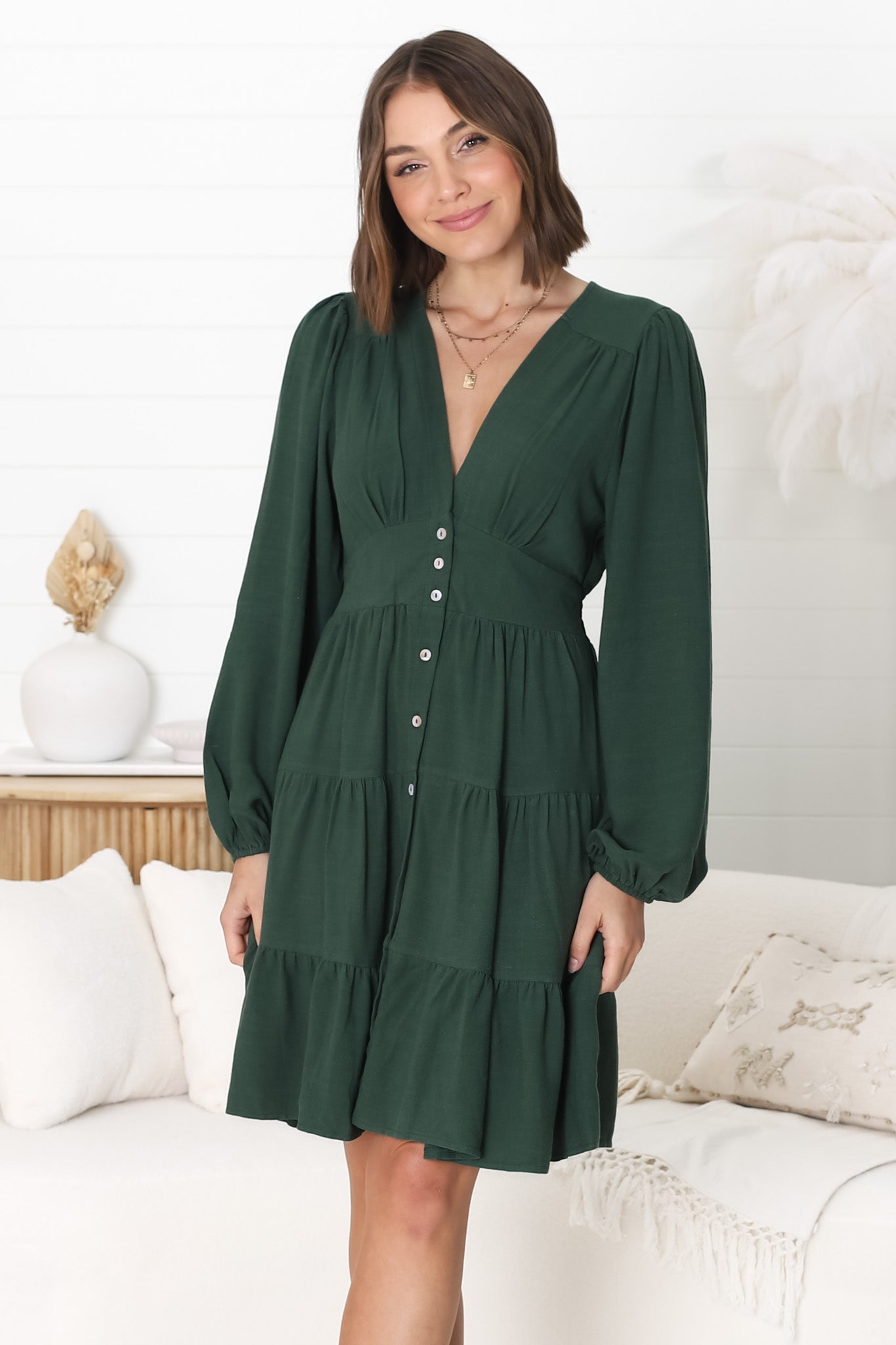 Soho Mini Dress -  A Line Button Down Tiered Dress In Emerald