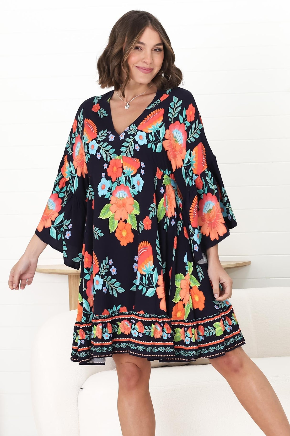 Tildy Mini Dress - V Neck Ruffled Smock Dress Octavia Print in Navy