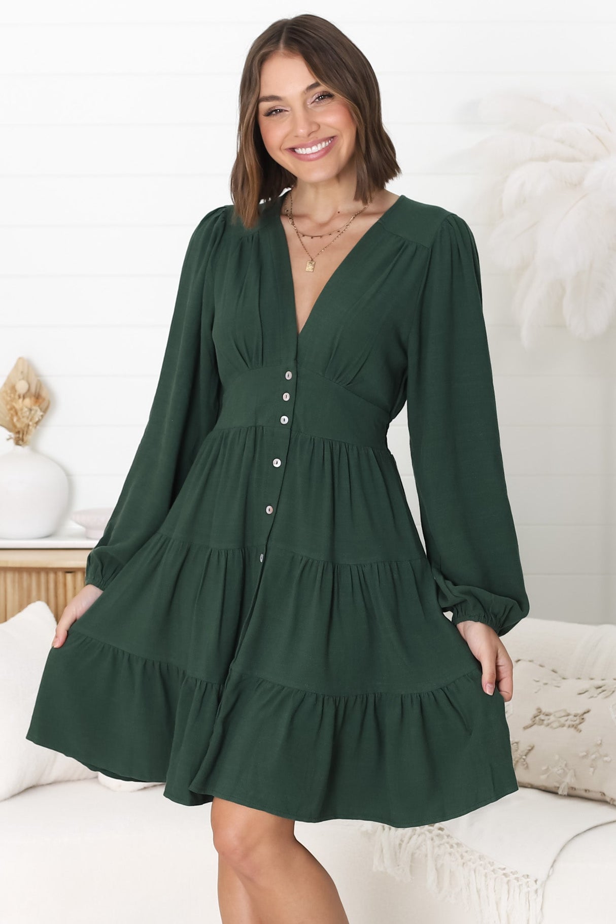 Soho Mini Dress -  A Line Button Down Tiered Dress In Emerald