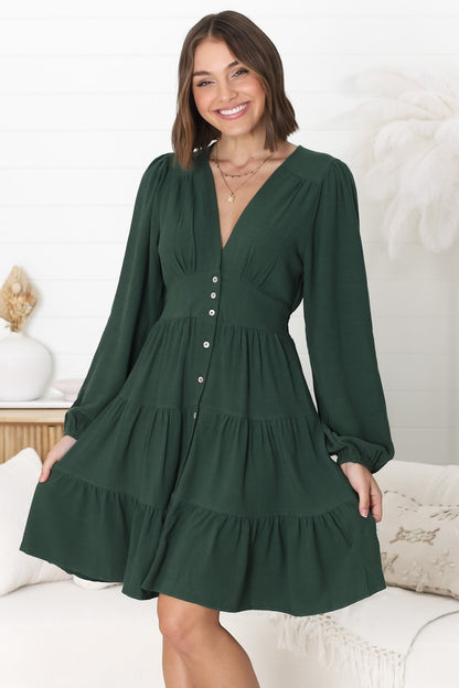 Soho Mini Dress -  A Line Button Down Tiered Dress In Emerald