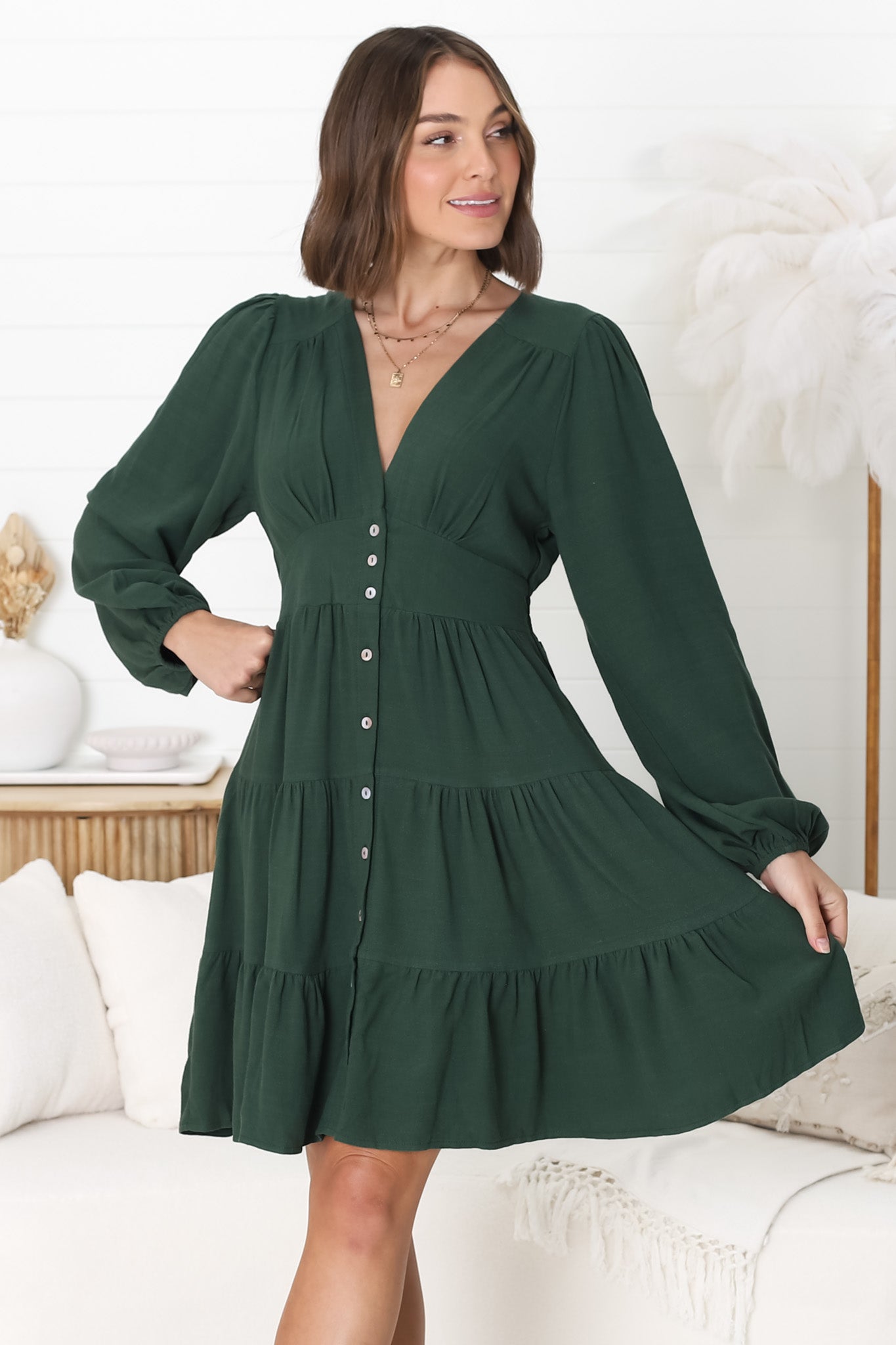 Soho Mini Dress -  A Line Button Down Tiered Dress In Emerald