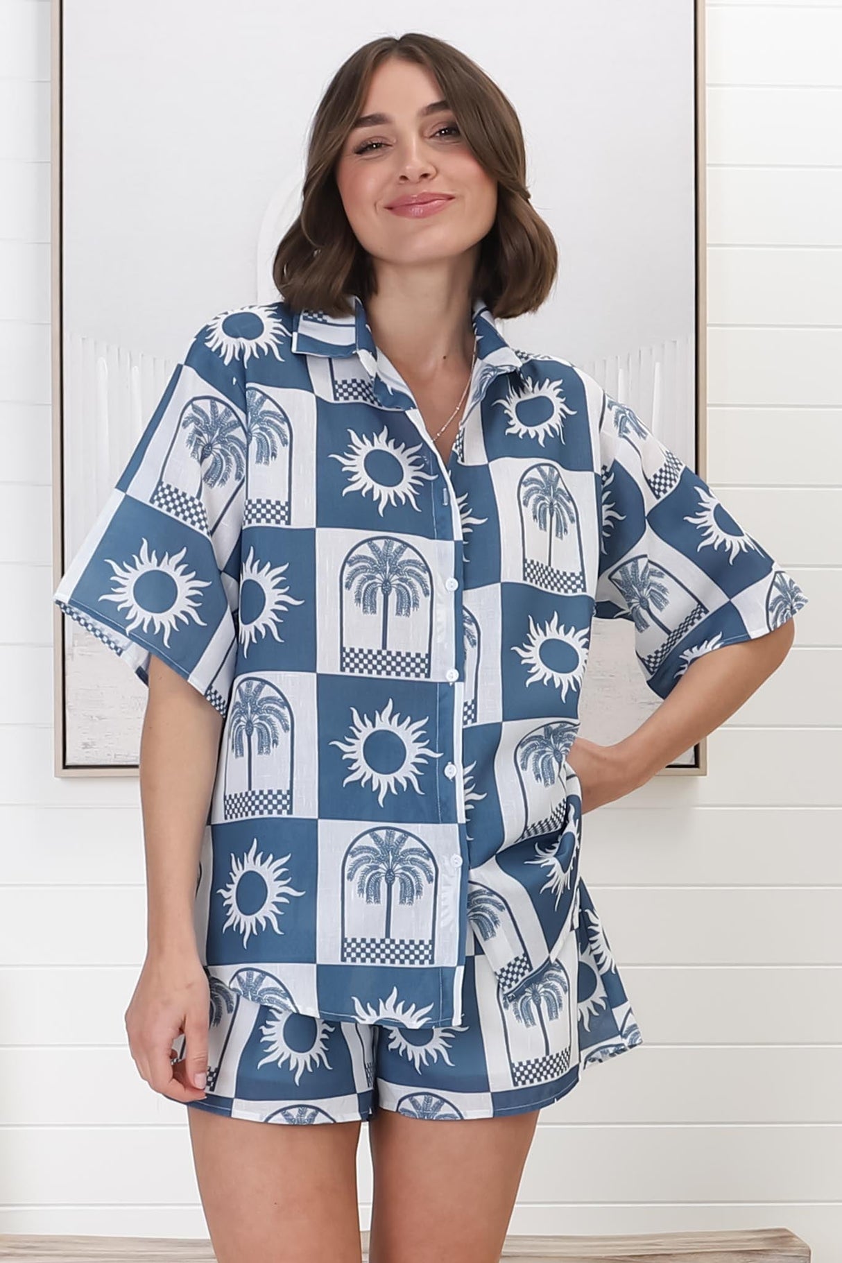 Mirian Button Up Shirt And Shorts Set - Layah Print in Blue