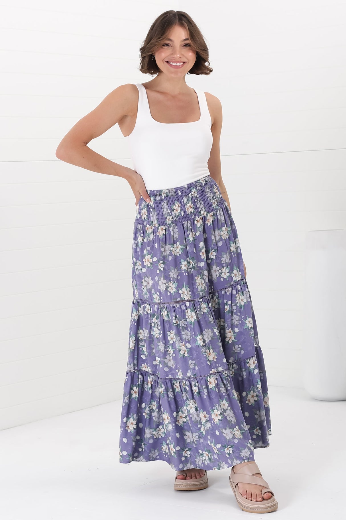 Ishaka Maxi Skirt/Midi Dress - Shirred Waistband Tiered Skirt or Dress in Floral Print