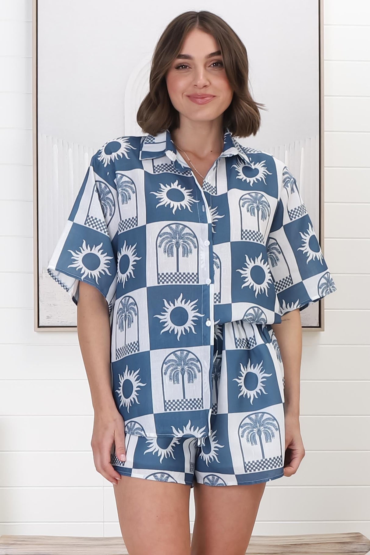 Mirian Button Up Shirt And Shorts Set - Layah Print in Blue