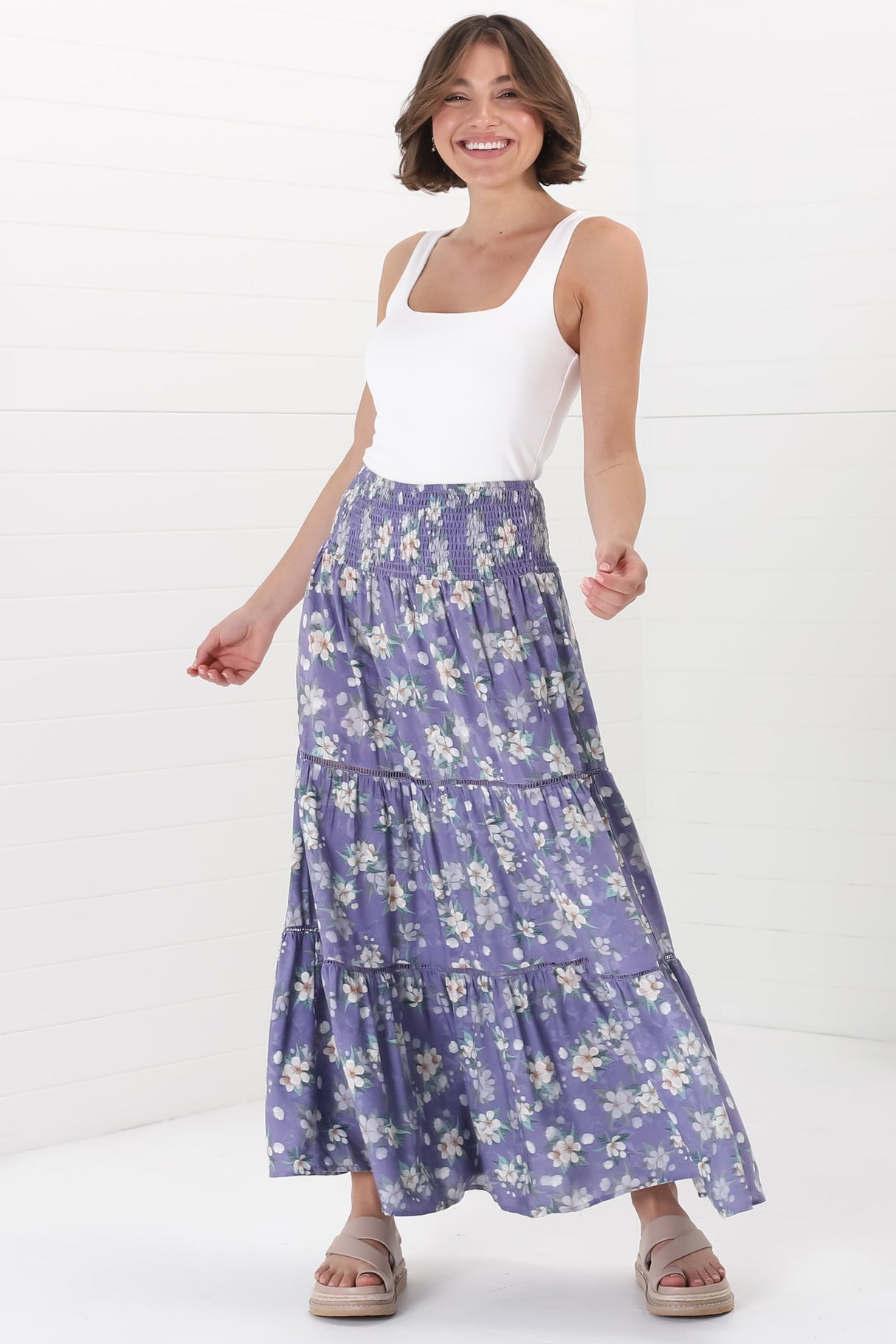 Ishaka Maxi Skirt/Midi Dress - Shirred Waistband Tiered Skirt or Dress in Floral Print