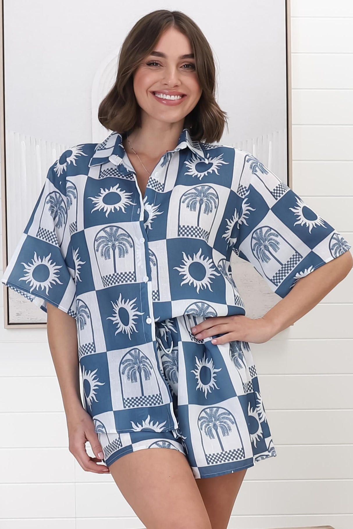 Mirian Button Up Shirt And Shorts Set - Layah Print in Blue