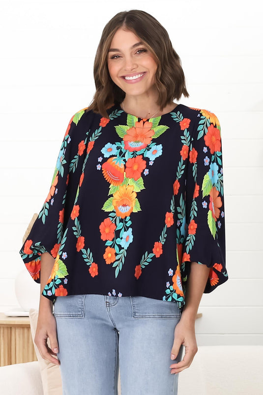Celle Blouse - Pull Over Top with Long Balloon Sleeves in Octavia Print Navy