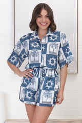 Mirian Button Up Shirt And Shorts Set - Layah Print in Blue