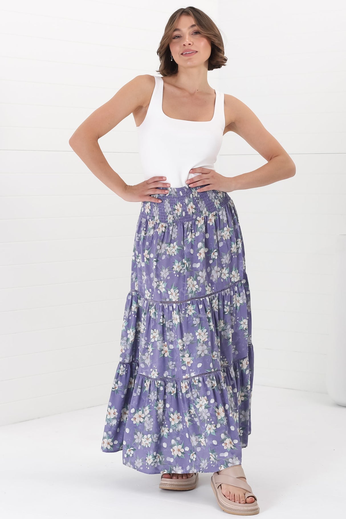 Ishaka Maxi Skirt/Midi Dress - Shirred Waistband Tiered Skirt or Dress in Floral Print