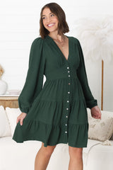 Soho Mini Dress -  A Line Button Down Tiered Dress In Emerald