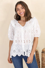 Karine Top - Mandarin Collar Embroiled Button Down in White