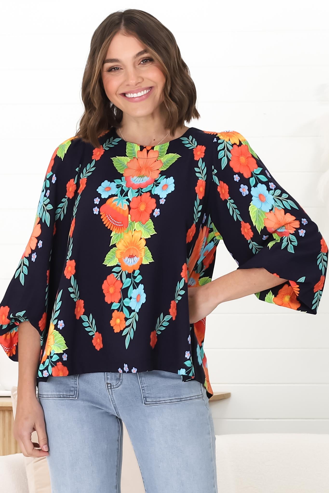 Celle Blouse - Pull Over Top with Long Balloon Sleeves in Octavia Print Navy