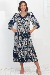 Erin Midi Dress: Tiered Smock Dress in the Frigg Print