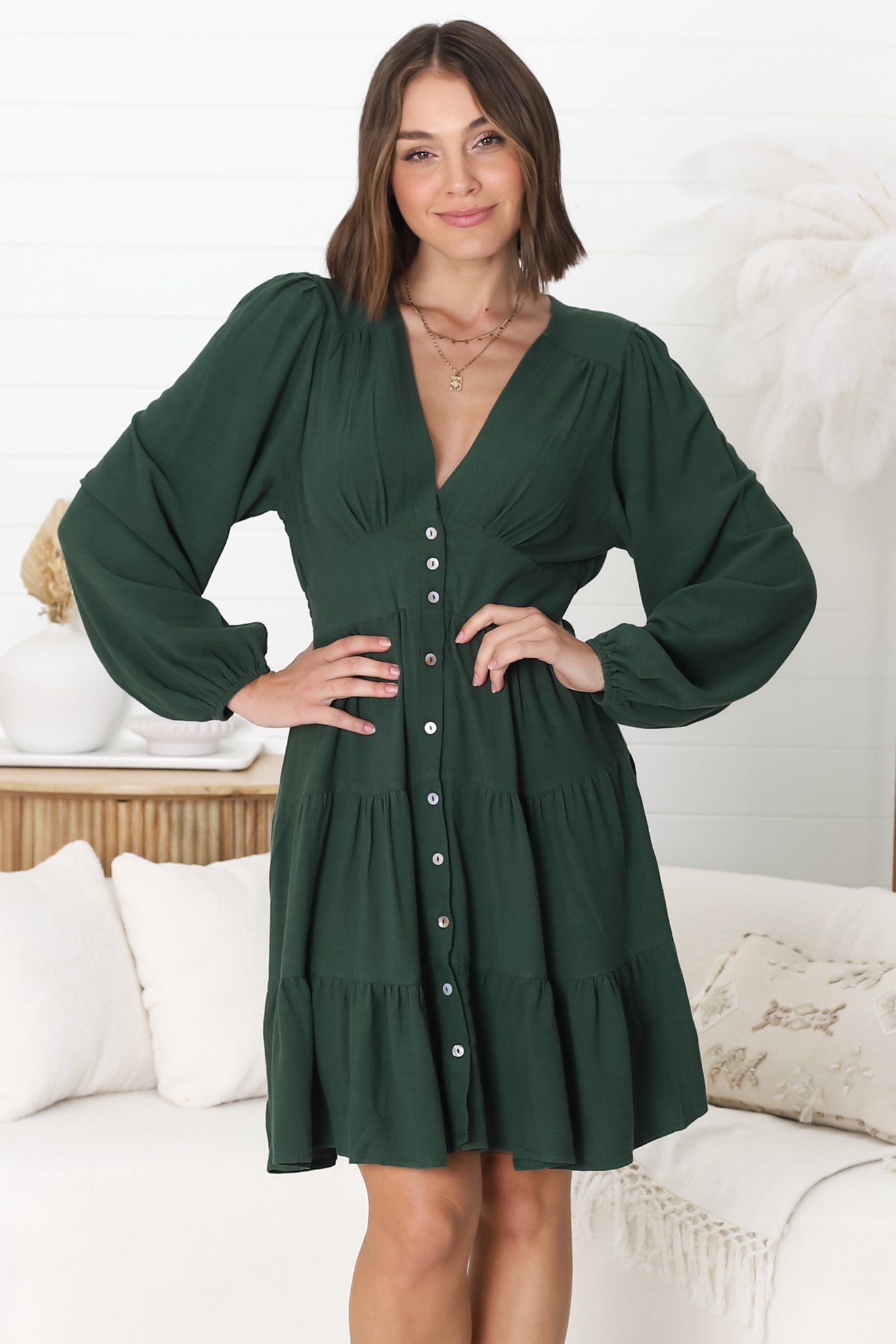 Soho Mini Dress -  A Line Button Down Tiered Dress In Emerald