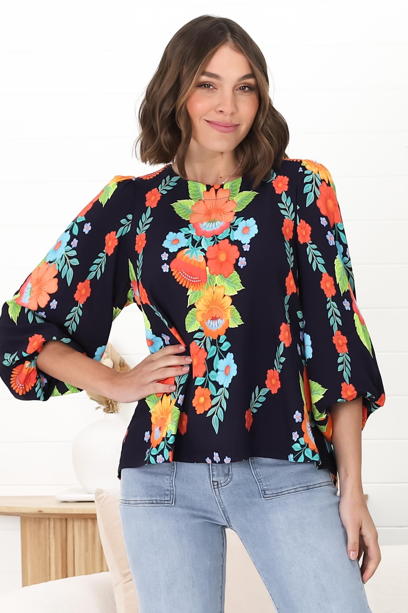 Celle Blouse - Pull Over Top with Long Balloon Sleeves in Octavia Print Navy