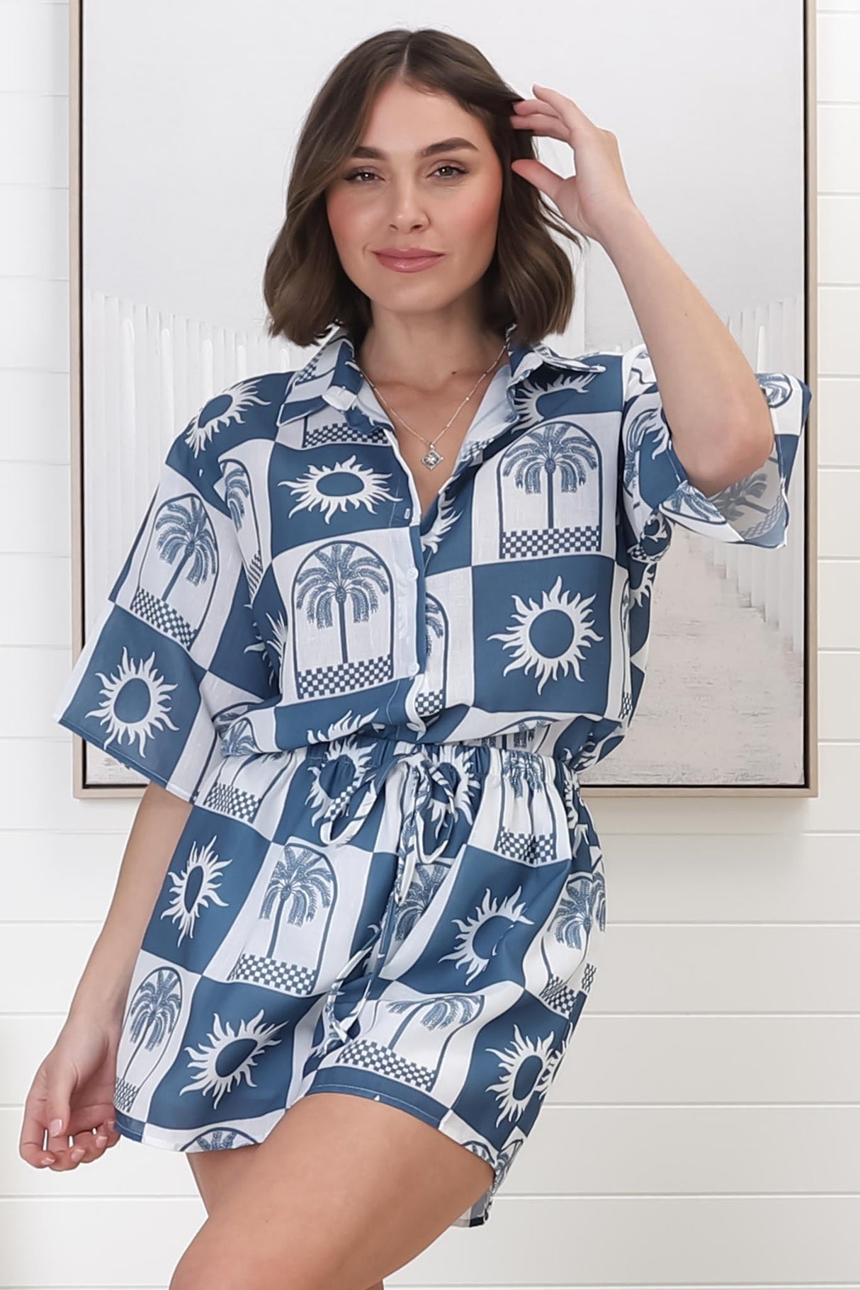 Mirian Button Up Shirt And Shorts Set - Layah Print in Blue