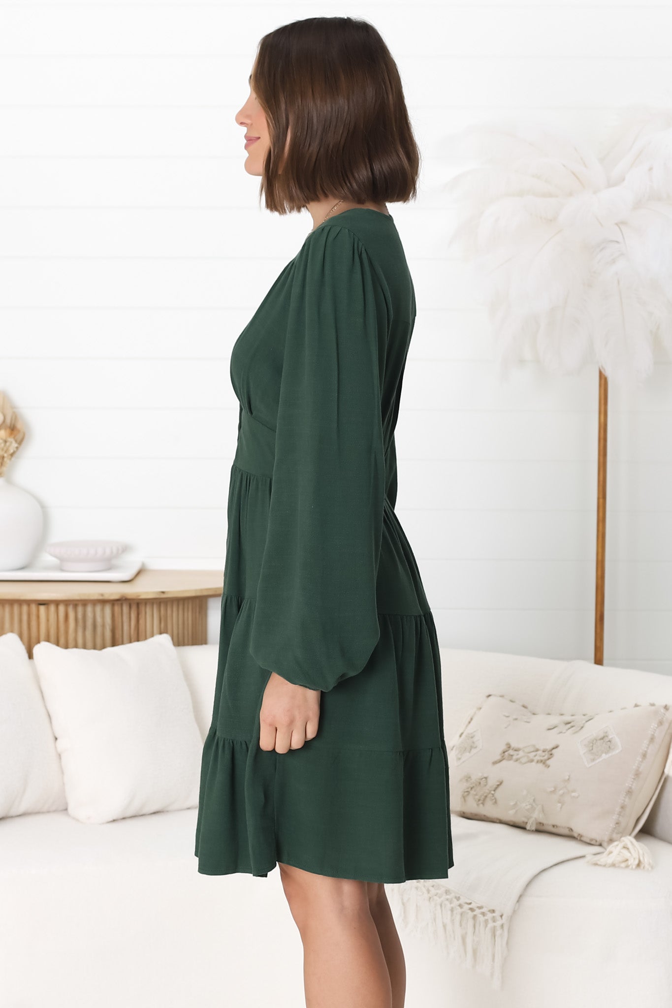 Soho Mini Dress -  A Line Button Down Tiered Dress In Emerald