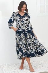 Erin Midi Dress: Tiered Smock Dress in the Frigg Print