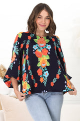 Celle Blouse - Pull Over Top with Long Balloon Sleeves in Octavia Print Navy