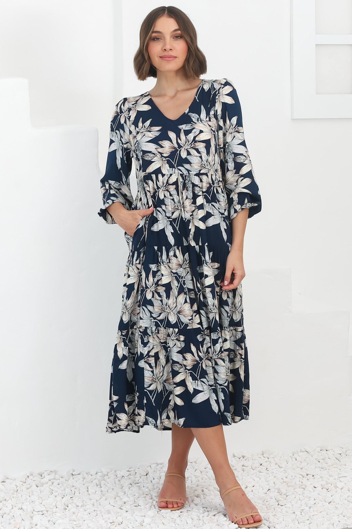 Erin Midi Dress: Tiered Smock Dress in the Frigg Print