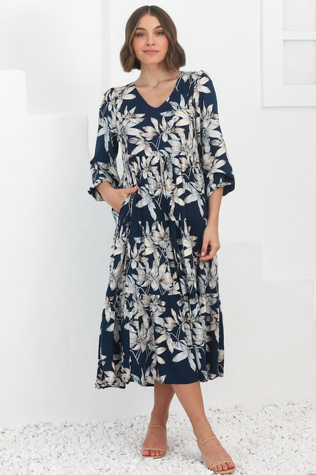 Erin Midi Dress: Tiered Smock Dress in the Frigg Print