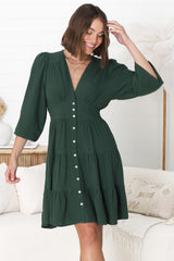 Soho Mini Dress -  A Line Button Down Tiered Dress In Emerald