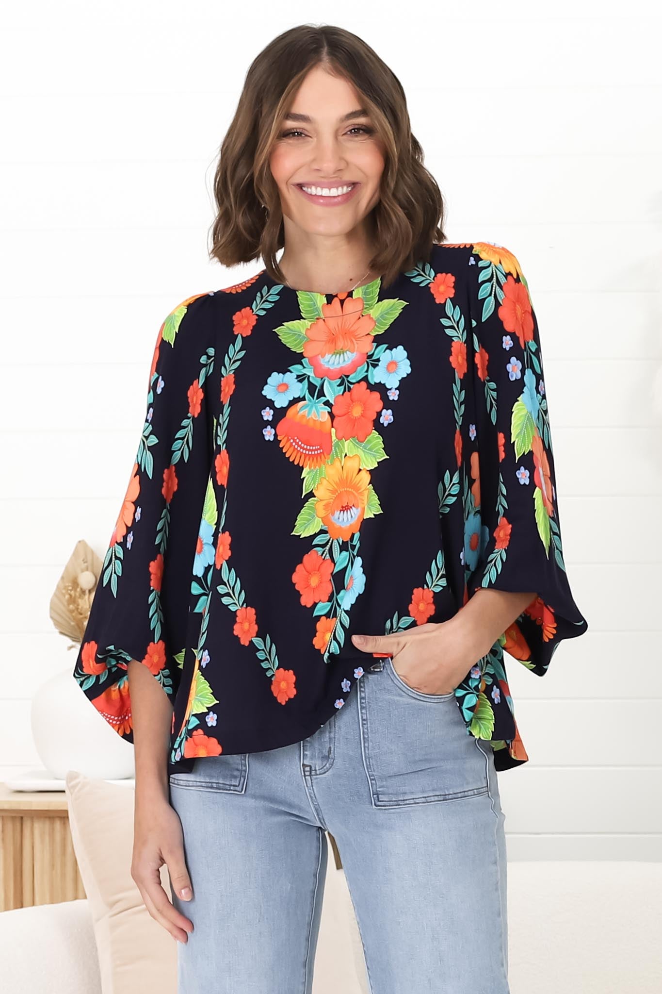 Celle Blouse - Pull Over Top with Long Balloon Sleeves in Octavia Print Navy