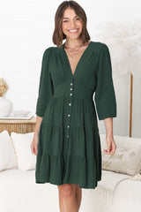 Soho Mini Dress -  A Line Button Down Tiered Dress In Emerald