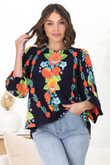 Celle Blouse - Pull Over Top with Long Balloon Sleeves in Octavia Print Navy