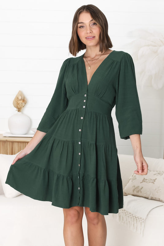 Soho Mini Dress -  A Line Button Down Tiered Dress In Emerald