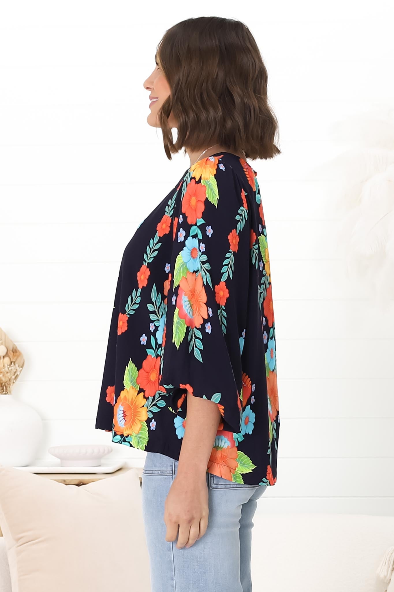 Celle Blouse - Pull Over Top with Long Balloon Sleeves in Octavia Print Navy