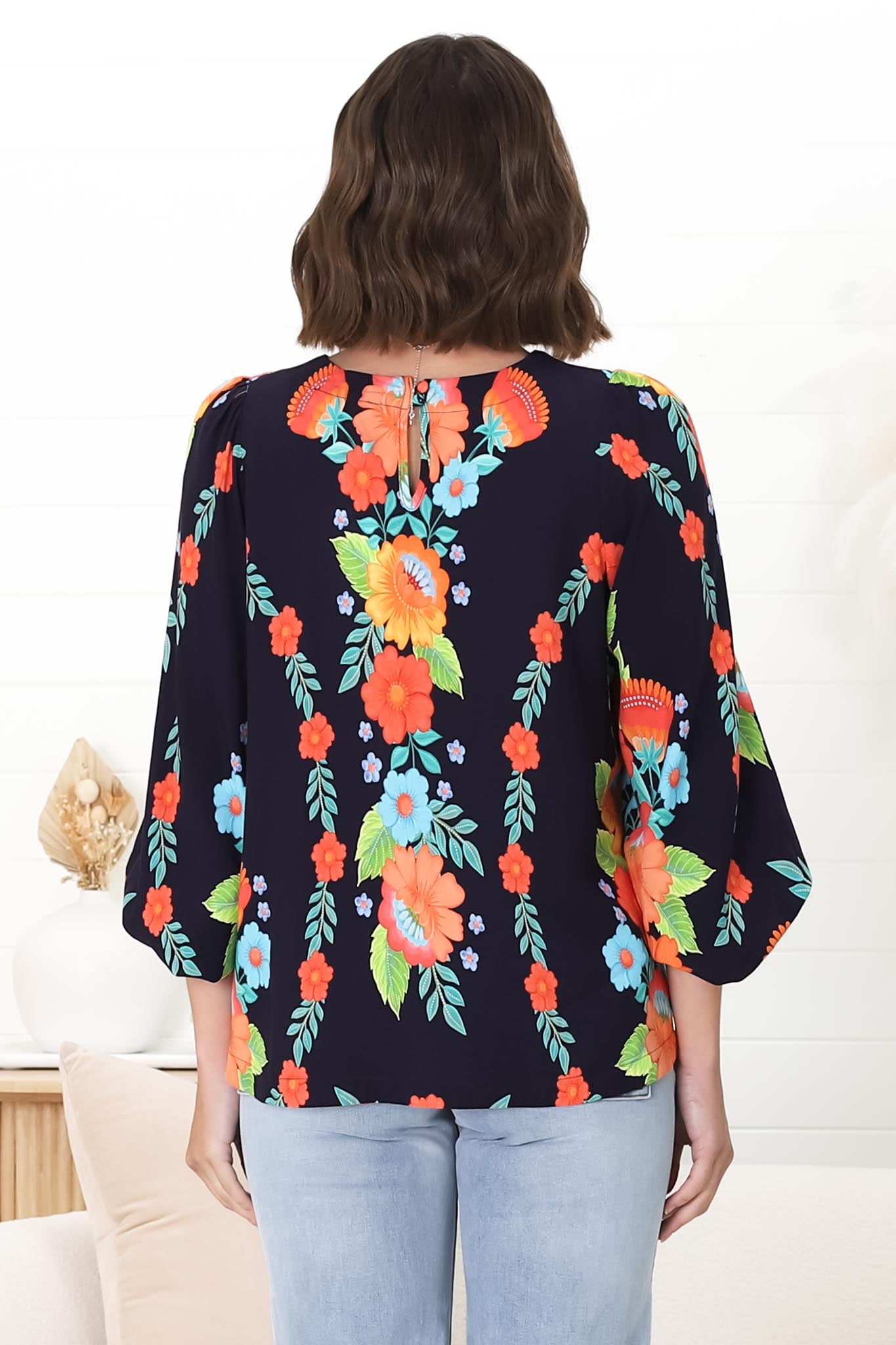 Celle Blouse - Pull Over Top with Long Balloon Sleeves in Octavia Print Navy