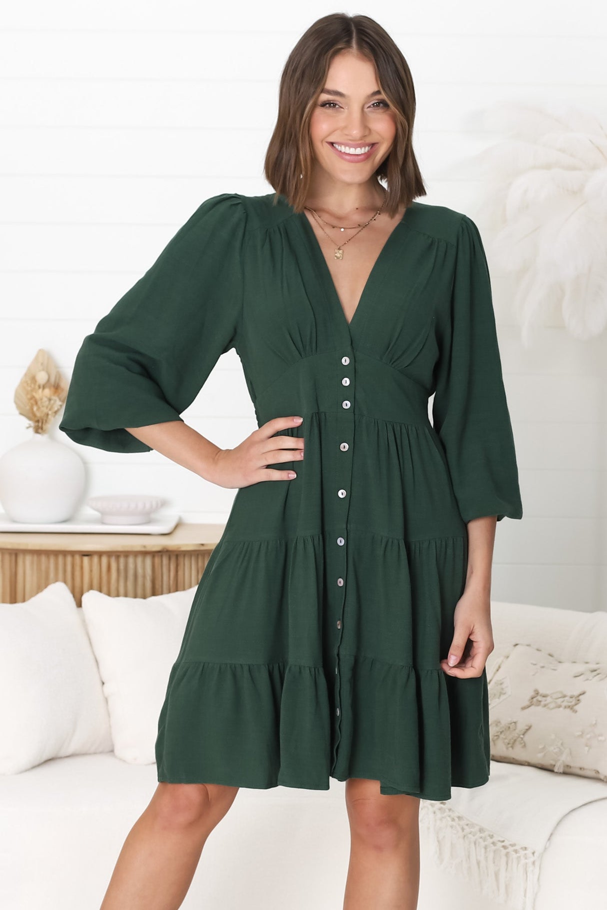 Soho Mini Dress -  A Line Button Down Tiered Dress In Emerald